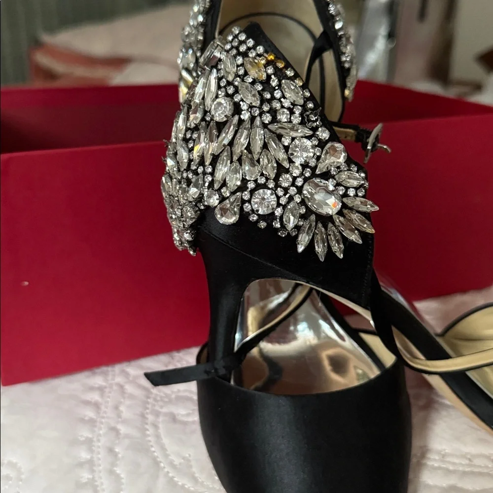 Badgley Mischka Black Satin Embellished Heels - Picture 2 of 4